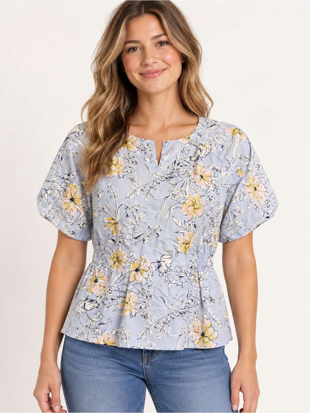 MELLODAY Light Blue Floral Peplum Blouse with Yellow Blooms